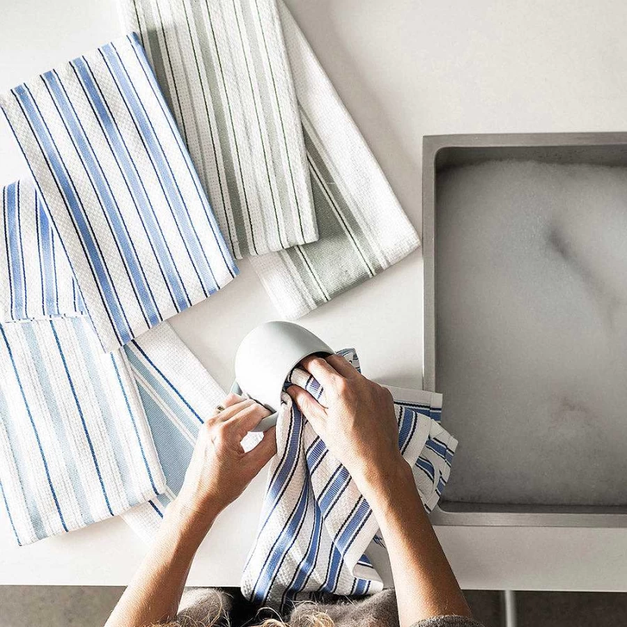 Wheel and Barrow 4-Piece Classic Green and White Stripe Tea Towel Set - Premium Kitchen Linens