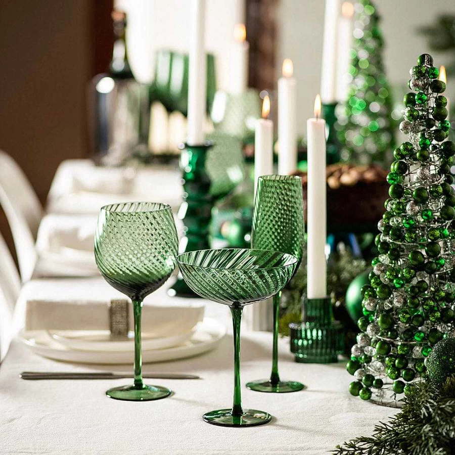 Wheel and Barrow Emerald Green Swirl Coupe Glass - 420ml Elegant Drinking Cup for Cocktails and Beverages