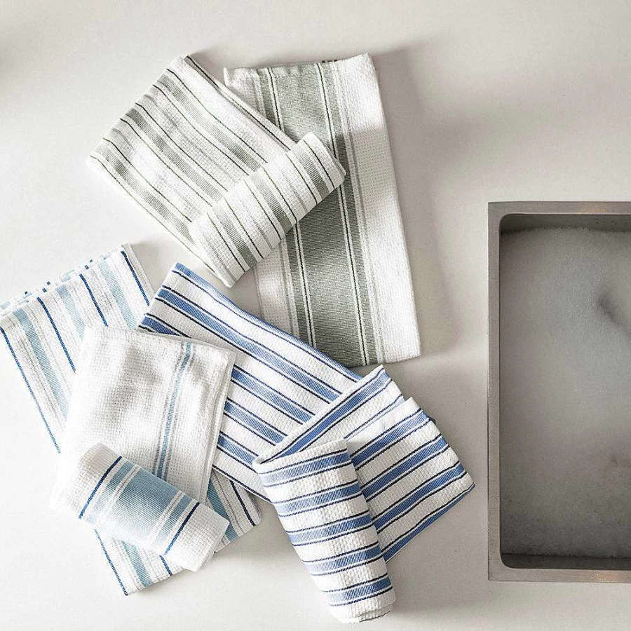 Wheel & Barrow 4-Piece Blue and White Striped Tea Towel Set - Premium Kitchen Linens