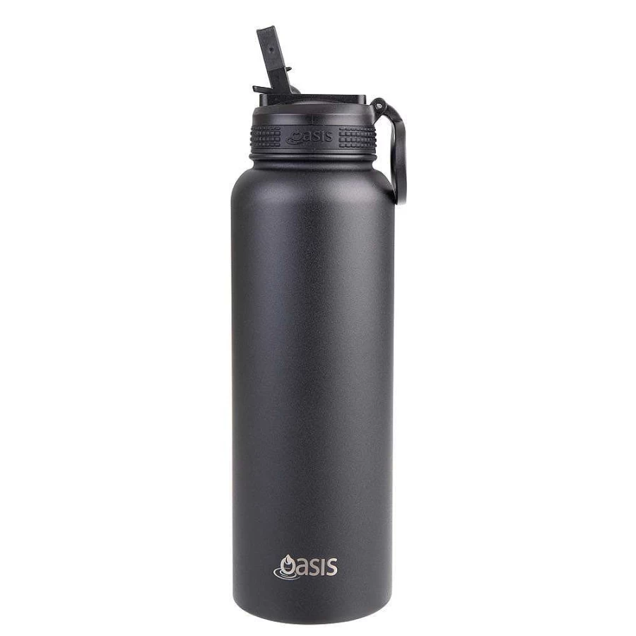 Wheel and Barrow 1.1L Black Oasis Water Bottle with Sipper Straw - BPA Free, Leak Proof, Portable