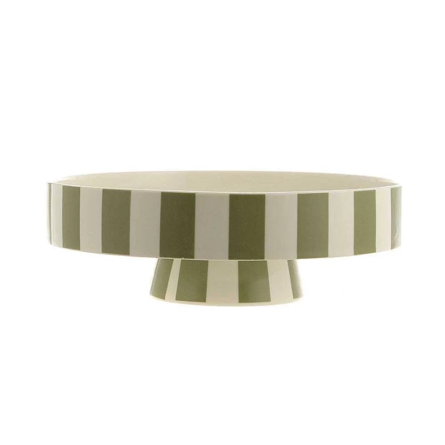 Wheel and Barrow Footed Ceramic Bowl - 22cm Diameter Olive & White Striped Decorative Serving Dish