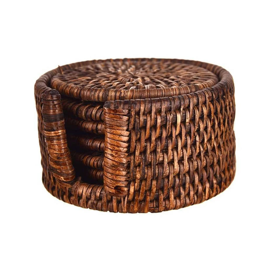 Wheel and Barrow Dark Brown Rattan Coasters Set of 6 - Natural Fiber Drink Coasters for Table Decor