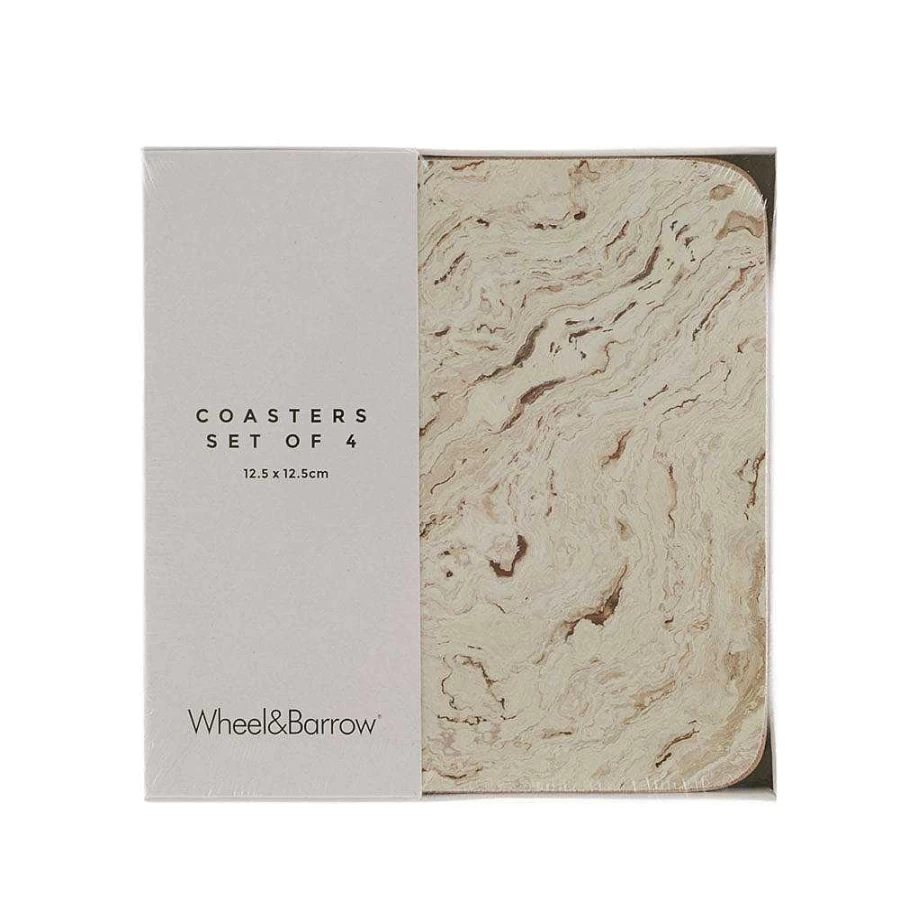 Wheel and Barrow Square Cork Backed Travertine Coasters Set of 4 - 12.5cm Natural Stone Drink Coasters for Home Decor