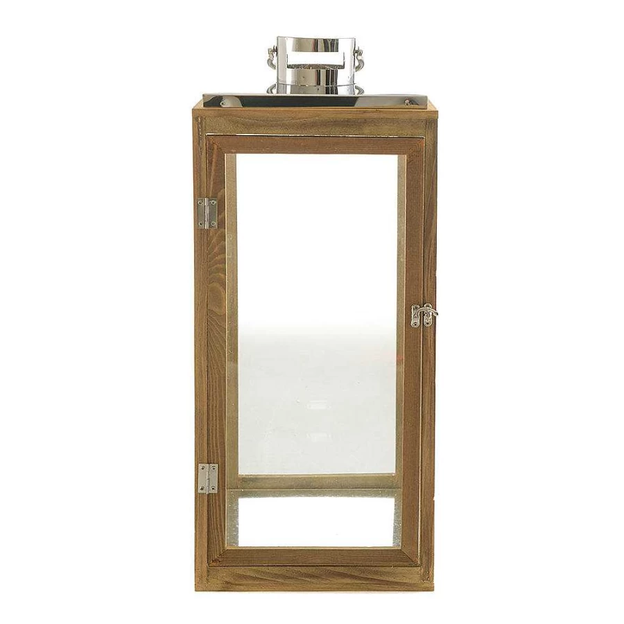 Wheel & Barrow 63cm Glass Hurricane Lantern with Wood Base, Metal Frame & Handle for Indoor/Outdoor Decor