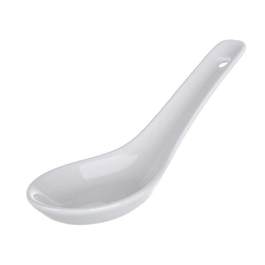 Wheel and Barrow White Porcelain Chinese Soup Spoon - Traditional Handcrafted Dining Utensil