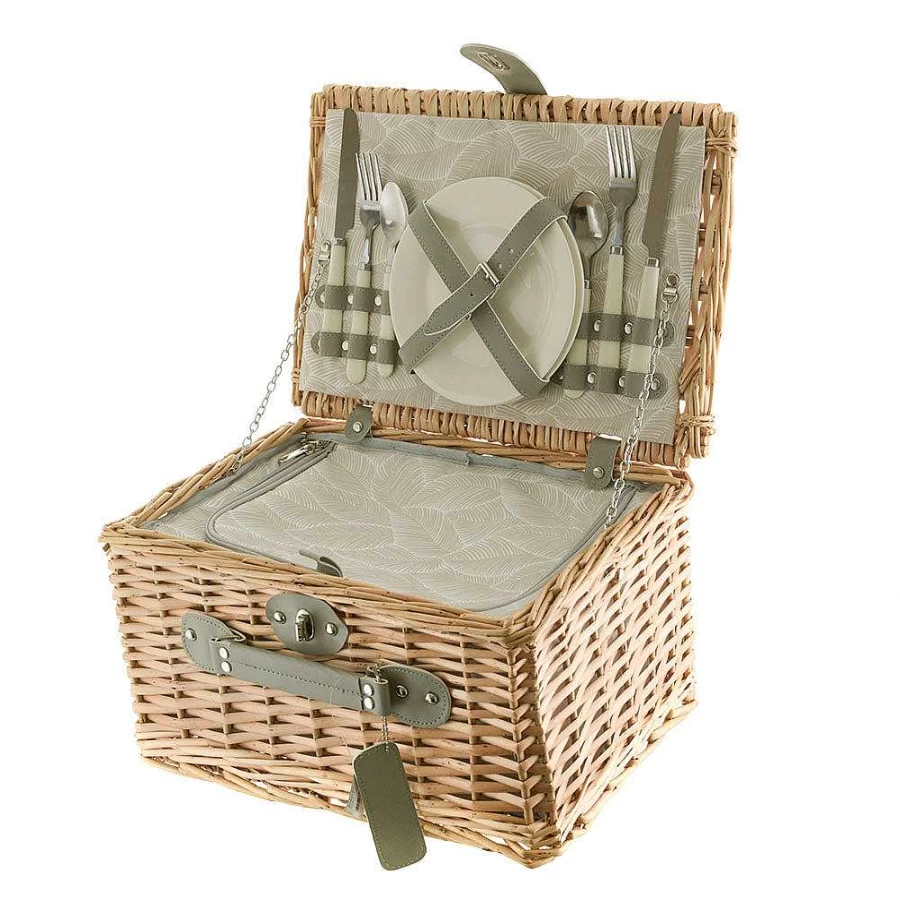 Wheel & Barrow 2-Person Picnic Basket with Leaf Print – Portable Outdoor Dining Set for Couples