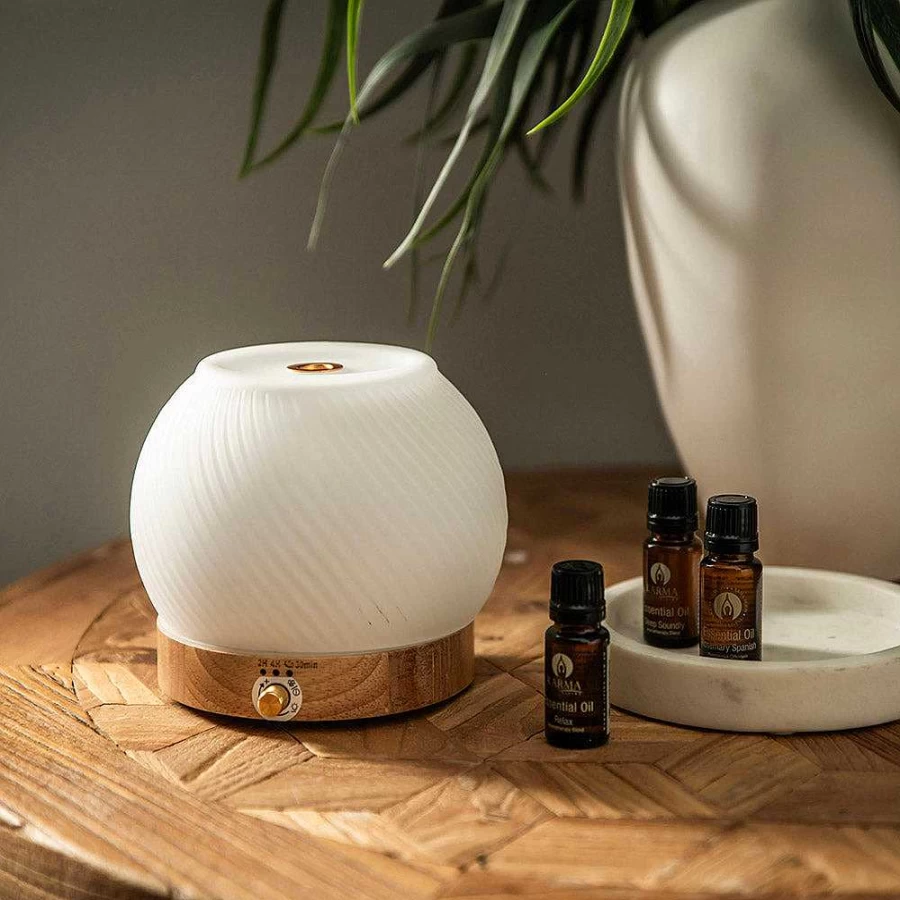 Wheel and Barrow Ultrasonic Essential Oil Diffuser with Ribbed Glass Design and Wood Base for Aromatherapy