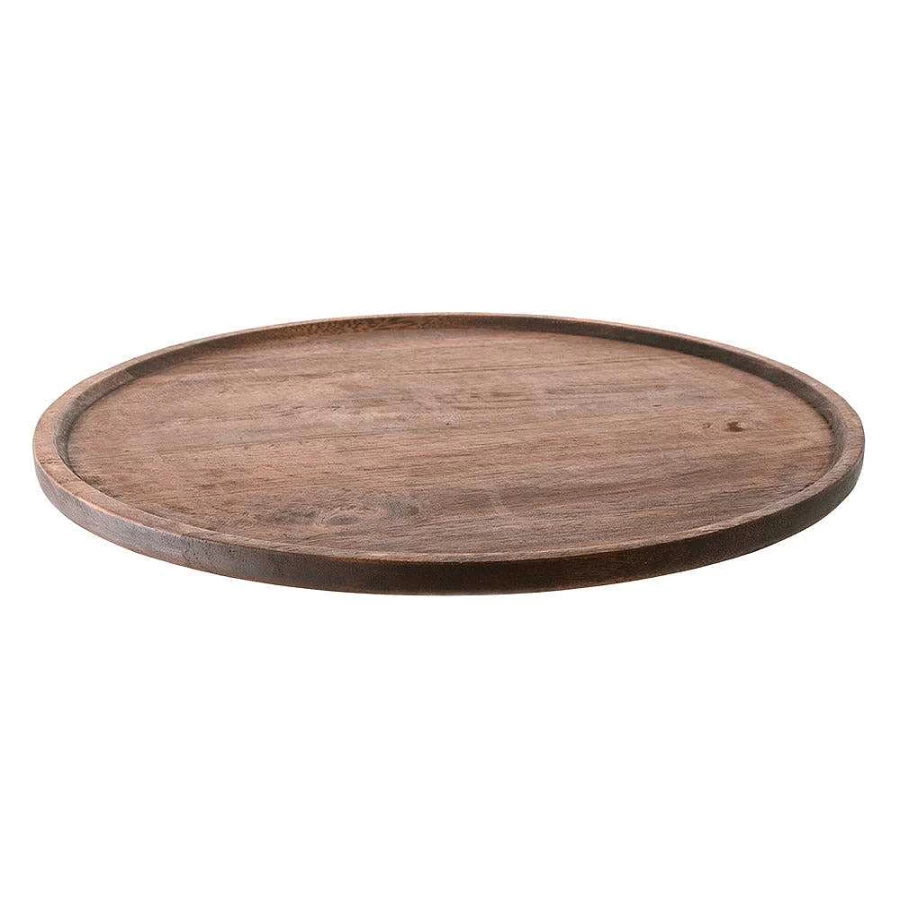 Wheel and Barrow Dark Brown Acacia Wood Round Serving Tray - 48cm Diameter