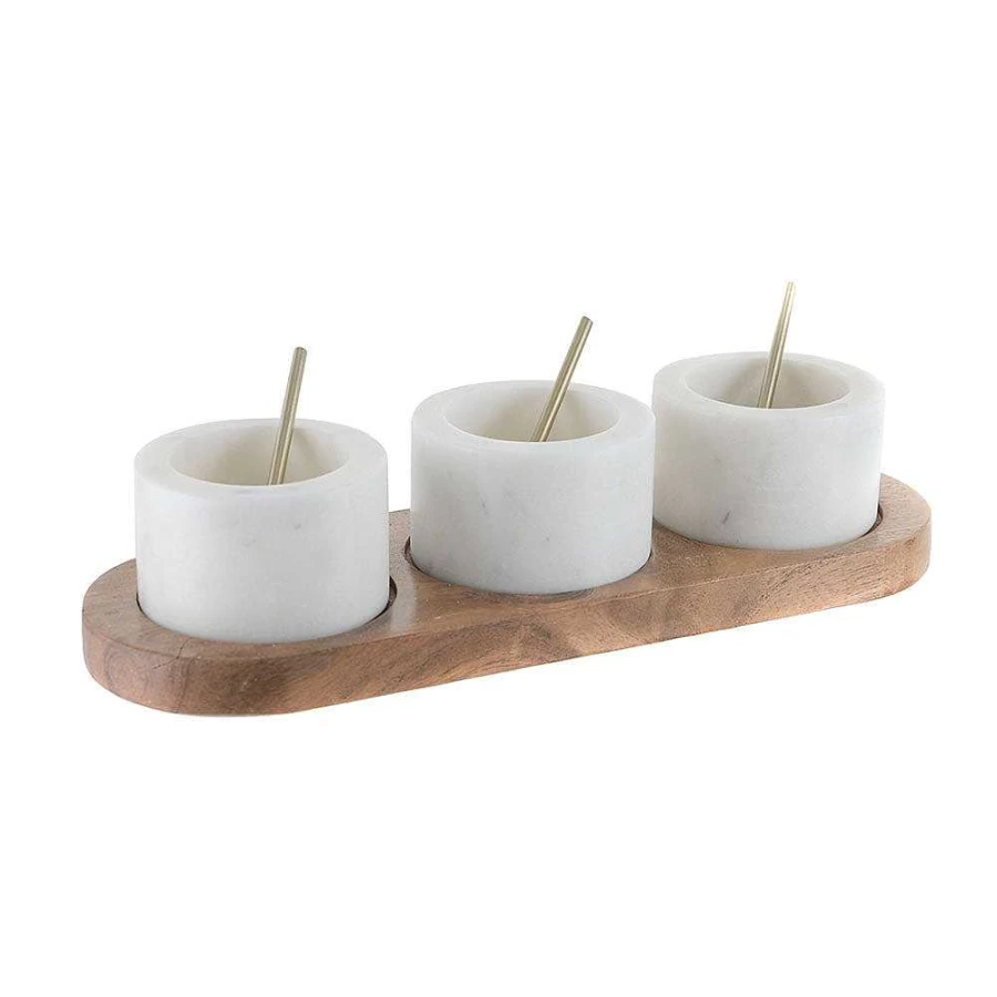 Wheel & Barrow White Marble Condiment Set with Brass Spoons - 3 Piece Kitchen Dining Serveware