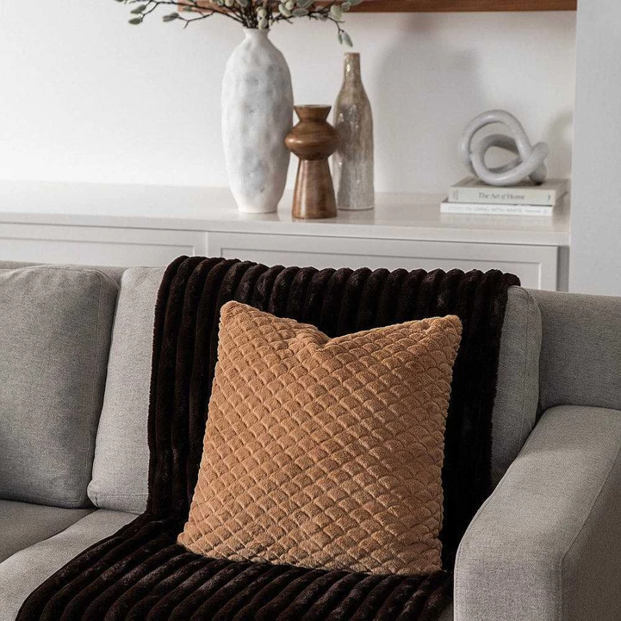 Wheel and Barrow 50x50cm Caramel Faux Rabbit Fur Scallop Edge Cushion Cover