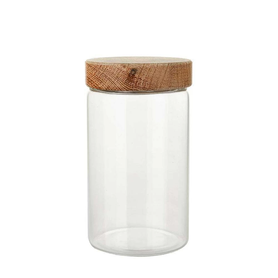 Wheel and Barrow 1L Glass Storage Jar with Oak Wood Lid - Airtight Large Kitchen Pantry Container