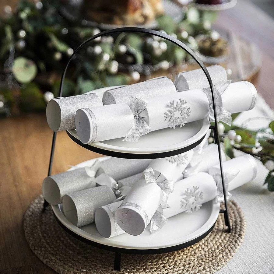 "Wheel and Barrow 2-Tier Round Serving Stand with White Plates - 33cm x 28cm x 35cm - Black Modern Display Tray"