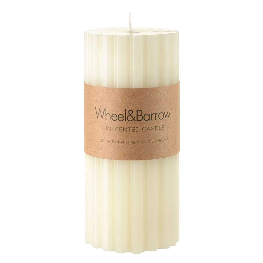 Wheel and Barrow White Ribbed Pillar Candle 7x15cm - Elegant Home Decor