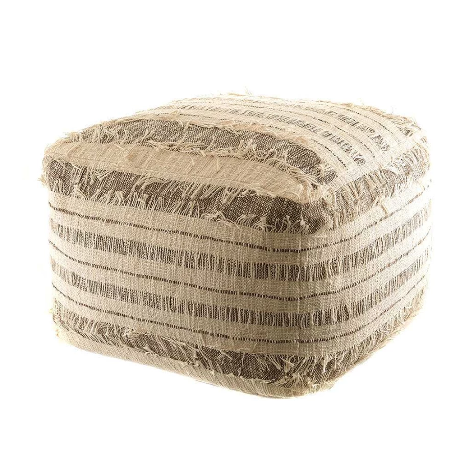 Wheel and Barrow Square Pouf Ottoman - Natural Brown Slub Linen - 50cm x 50cm x 35cm - Stylish Footstool & Seat