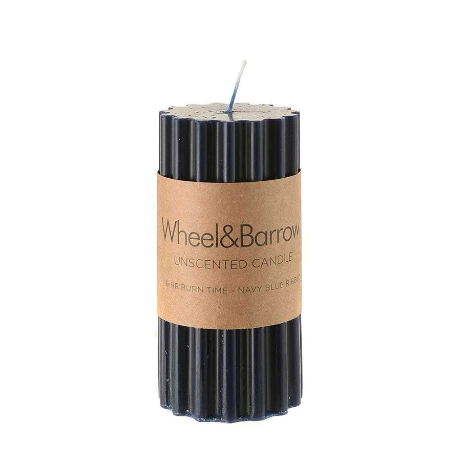 Wheel and Barrow Navy Blue Ribbed Pillar Candle 5x10cm - Decorative Scented Home Decor