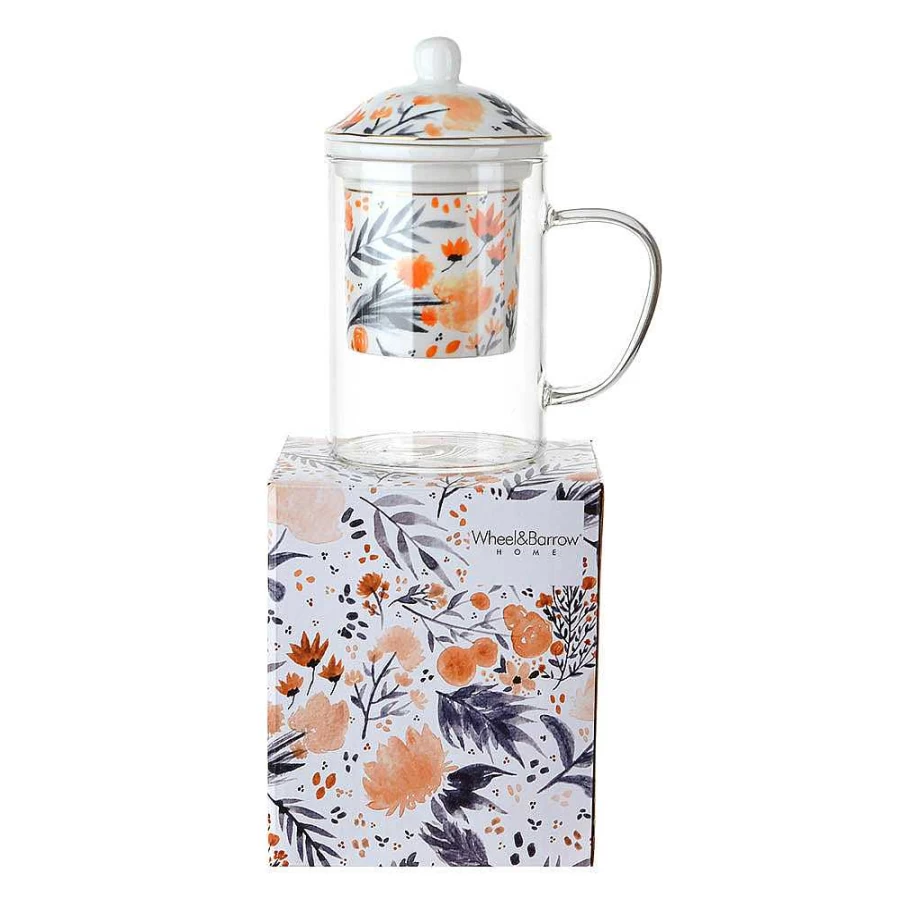 Wheel and Barrow Orange Denim Floral Design Tea Glass - 300ml with Lid & Stainless Steel Filter