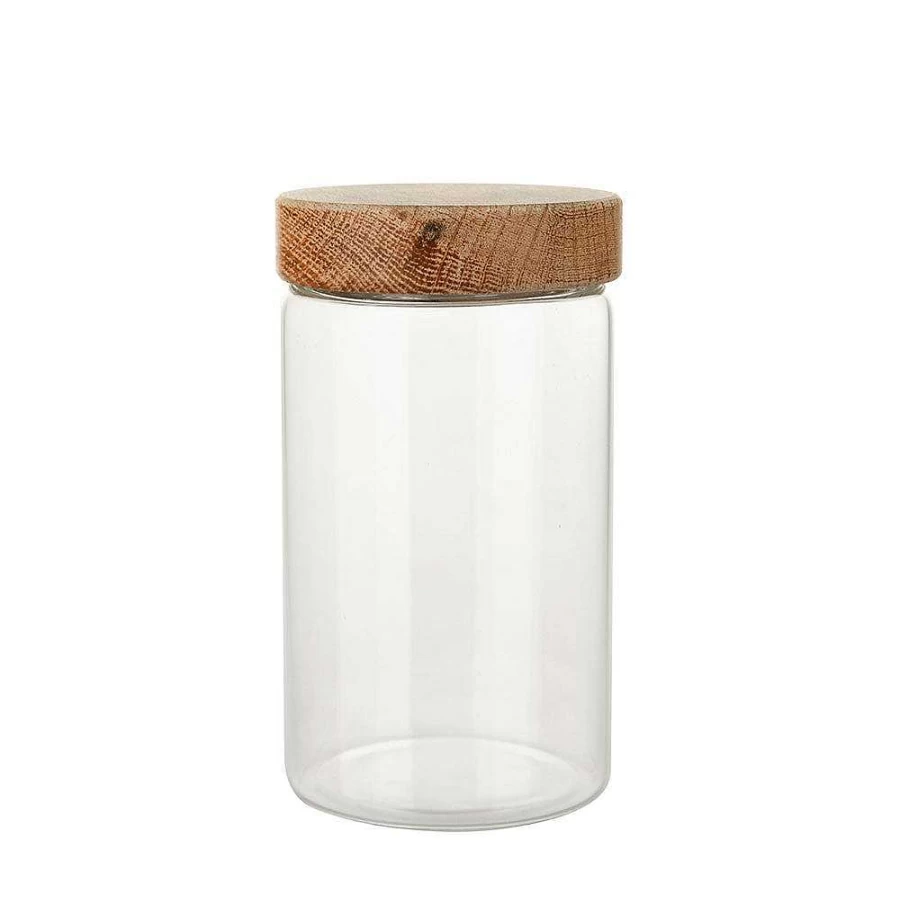 "Wheel and Barrow 1L Glass Storage Jar with Oak Wood Lid – Large Airtight Container for Kitchen Pantry"