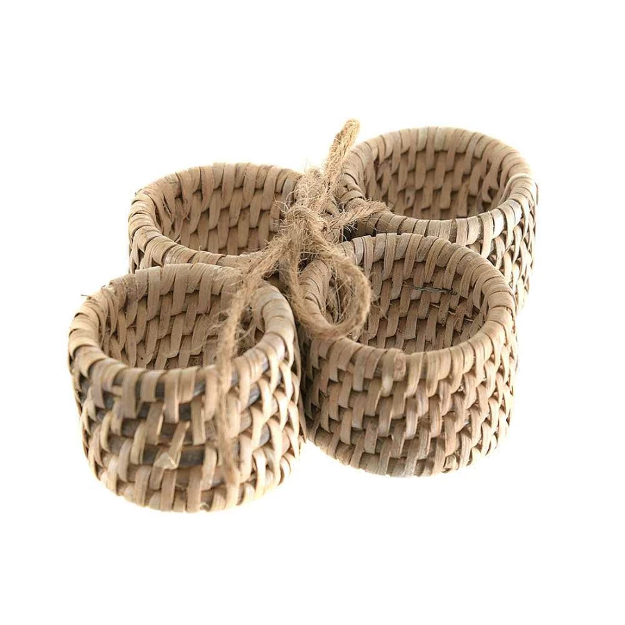 Wheel and Barrow White Wash Rattan Napkin Rings Set of 4 - Natural Boho Table Decor