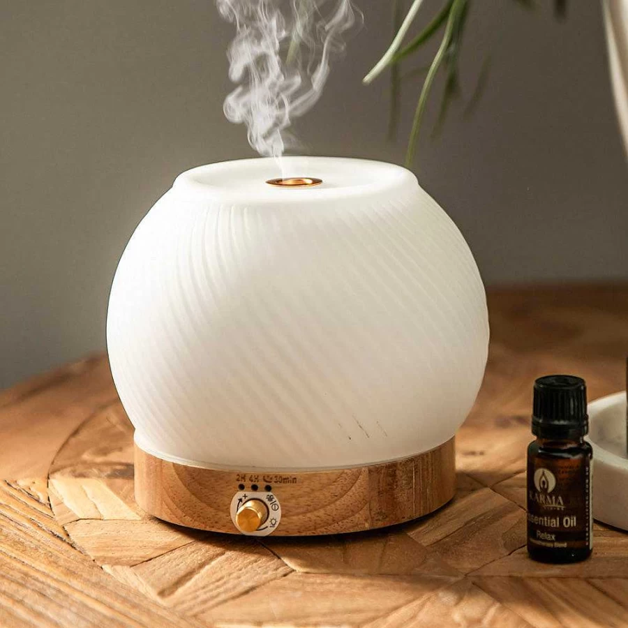 Wheel and Barrow Ultrasonic Essential Oil Diffuser with Ribbed Glass Design and Wooden Base for Aromatherapy