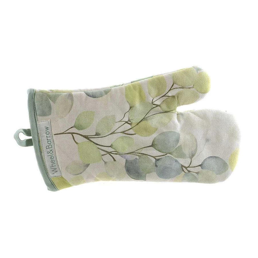 Wheel and Barrow Heat Resistant Leaf Print Oven Mitts - Neutral Kitchen Gloves for Baking & Cooking