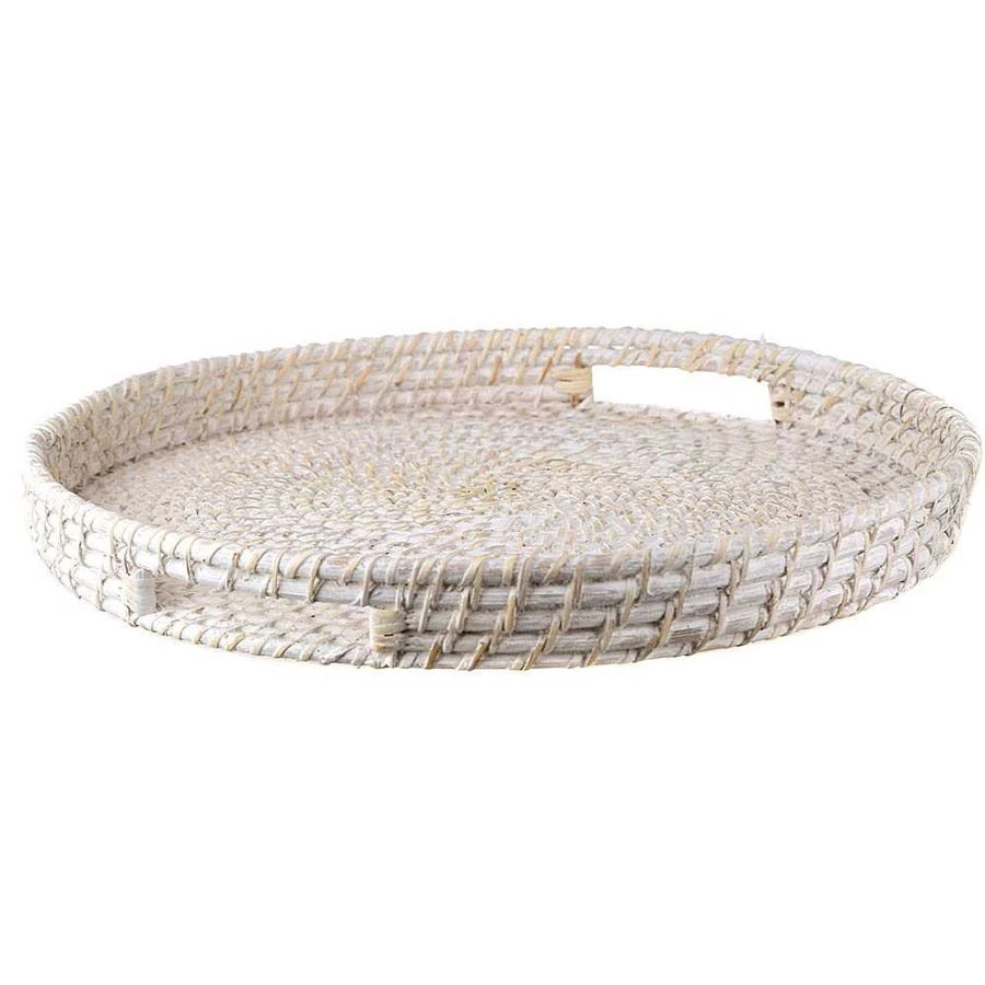 Wheel and Barrow White Washed Rattan Serving Tray - Large 45cm x 8cm Round Natural Fiber Basket