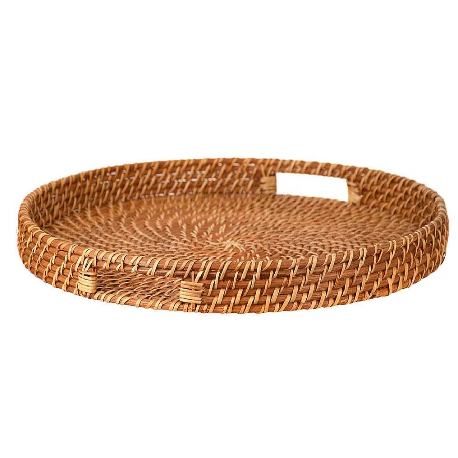 Wheel & Barrow Large Honey Brown Round Rattan Tray with Handles - 45cm x 35cm Natural Weave Storage Basket