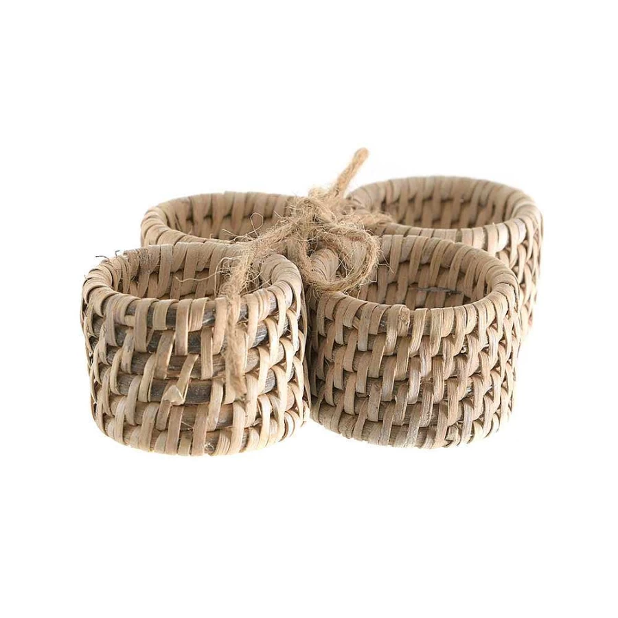 Wheel and Barrow White Wash Rattan Napkin Rings Set of 4 - Natural Boho Table Decor