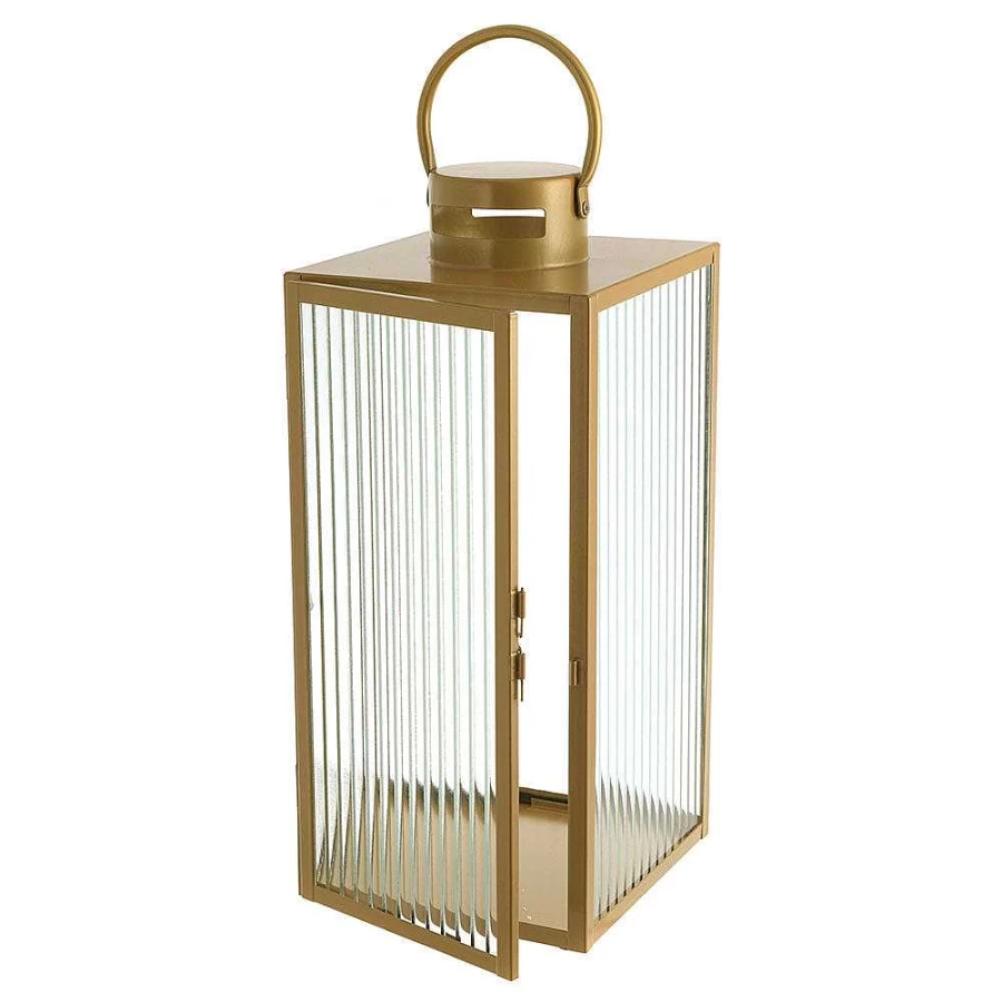 "Wheel and Barrow Gold Steel Rectangle Lantern with Ribbed Glass - 40cm x 19cm Rust-Proof Outdoor Decor"