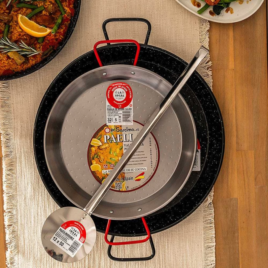 "Wheel and Barrow Stainless Steel Paella Skimmer 12x50cm – Professional Large Perforated Spoon for Cooking and Serving"
