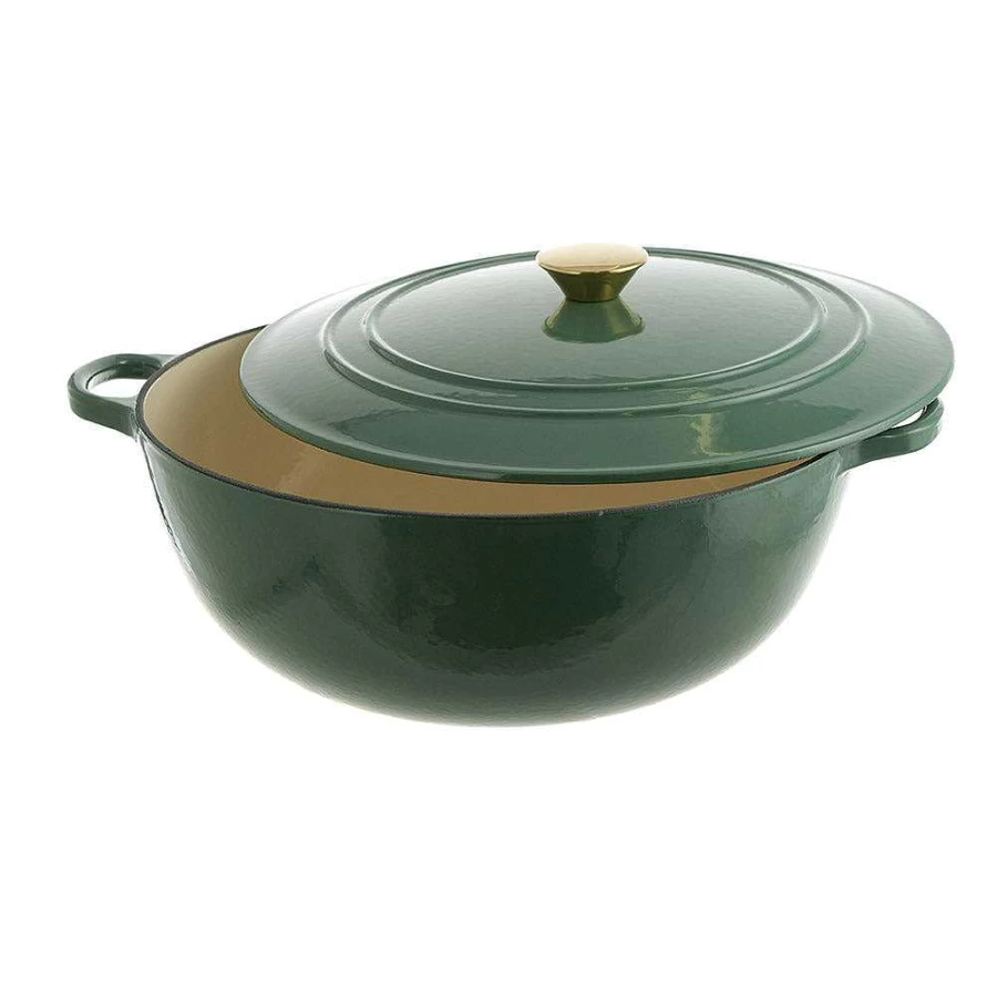 Wheel and Barrow 7L Round Cast Iron Casserole Pot - 32.5cm Green Dutch Oven for Cooking & Baking