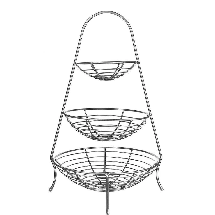 Wheel and Barrow 3-Tier Silver Wire Fruit Basket - 38x37.5x61cm Kitchen Storage Organizer