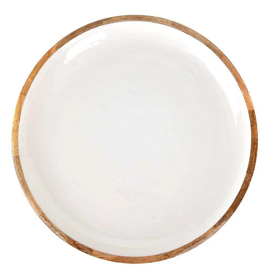 Wheel and Barrow Handcrafted Mango Wood Serving Tray with White Enamel Inlay - 38cm Square Decorative Bread Board