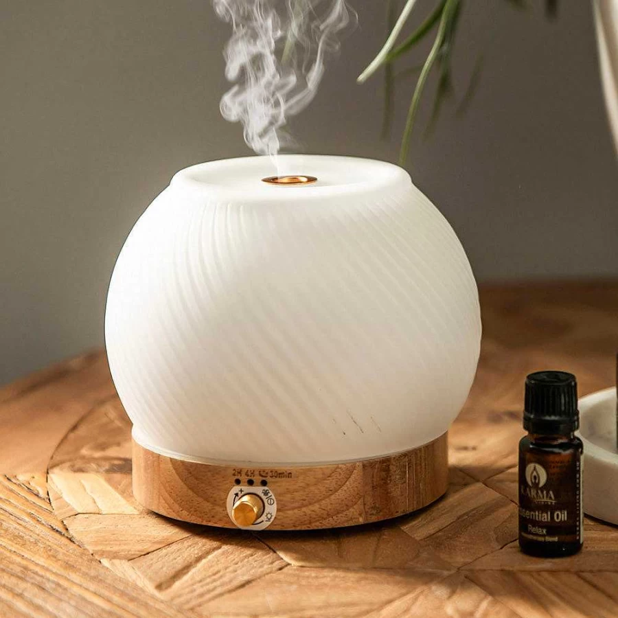 Wheel and Barrow Ultrasonic Essential Oil Diffuser with Ribbed Glass Design and Wood Base for Aromatherapy