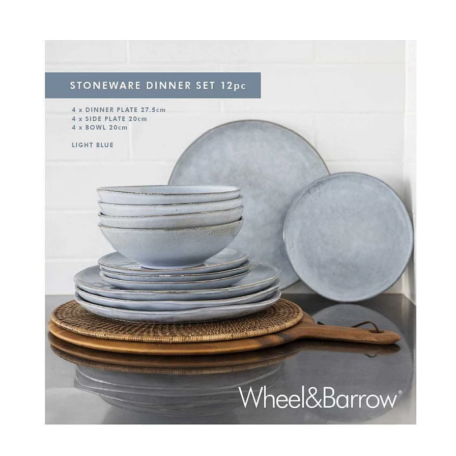 Wheel and Barrow Light Blue Stoneware 12-Piece Dinner Set - Durable Ceramic Tableware for Everyday Use