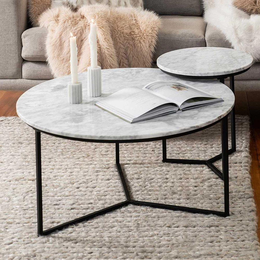 Wheel and Barrow White & Black Marble Top Metal Coffee Table - 40x80cm Modern Design
