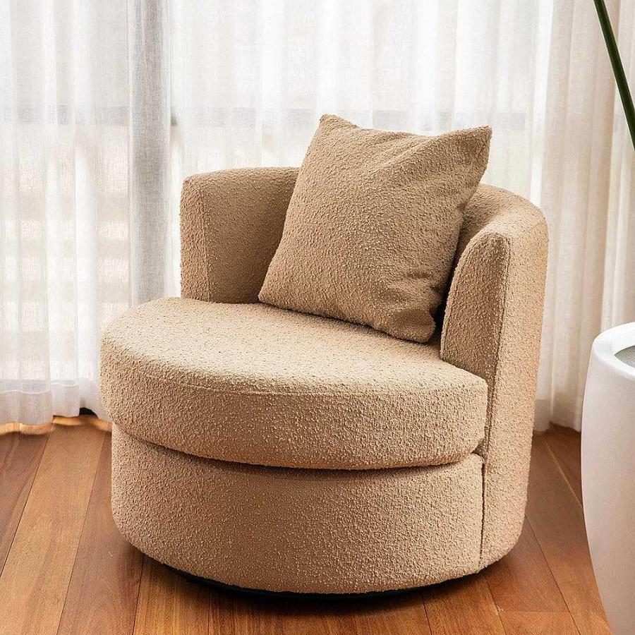 "Wheel and Barrow Swivel Chair in Beige Boucle Fabric – 87x82x80cm Modern Comfort Seating"