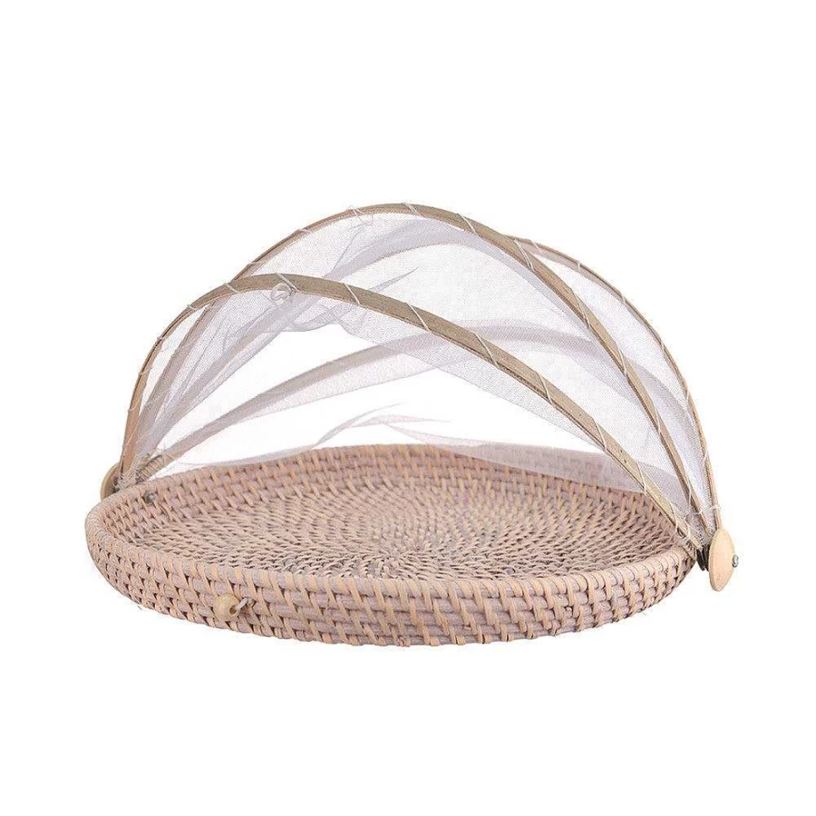 Wheel and Barrow 35Cm Rattan Base Mesh Food Cover - Breathable Kitchen Food Protector for Flies and Insects