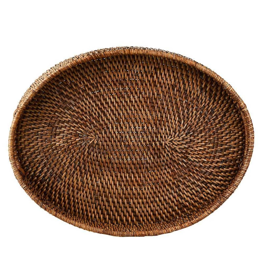 Wheel & Barrow Dark Brown Rattan Oval Serving Tray with Handles - 45cm x 35cm Natural Weave Basket