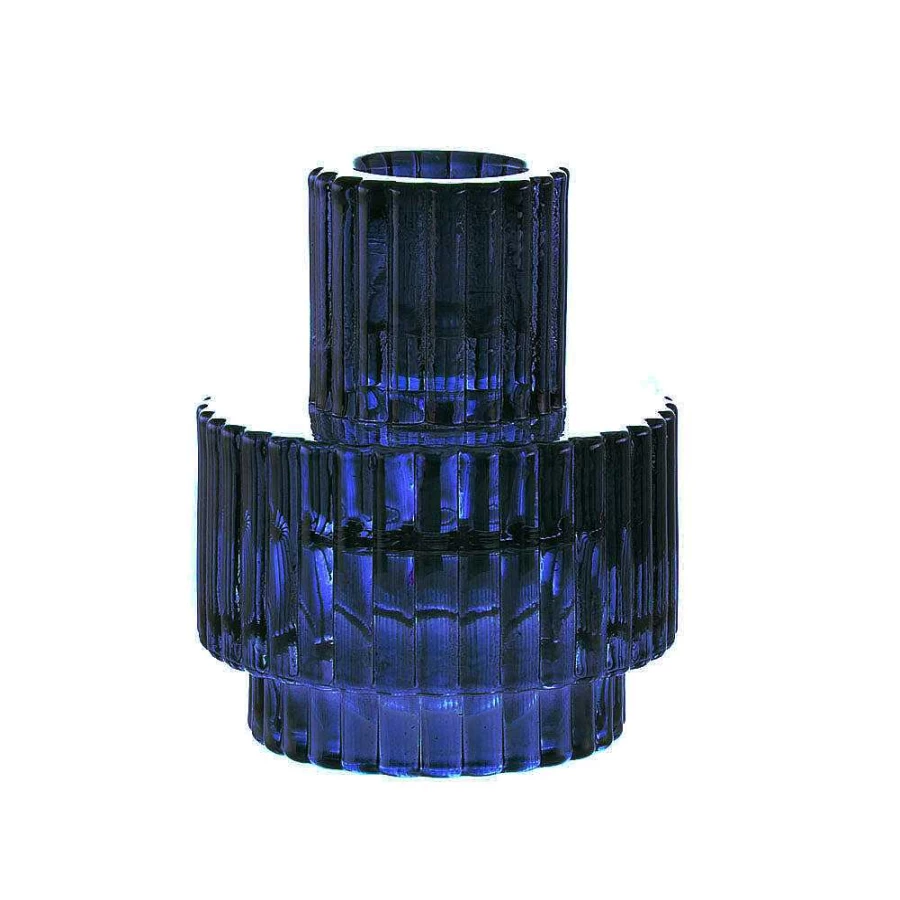 Wheel & Barrow Dark Blue Glass Candle Holder - 8.5x7cm Elegant Decorative Tea Light Vase