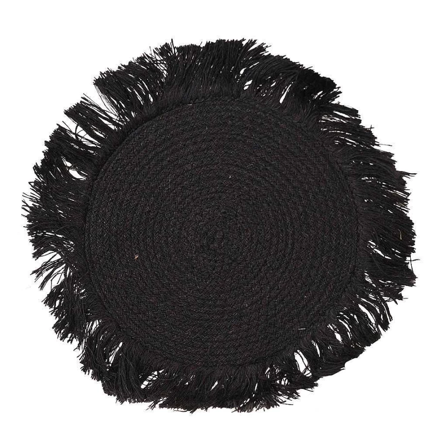 Wheel and Barrow Round Black Palm Fiber Fringed Placemat - 41cm Eco-Friendly Table Decor