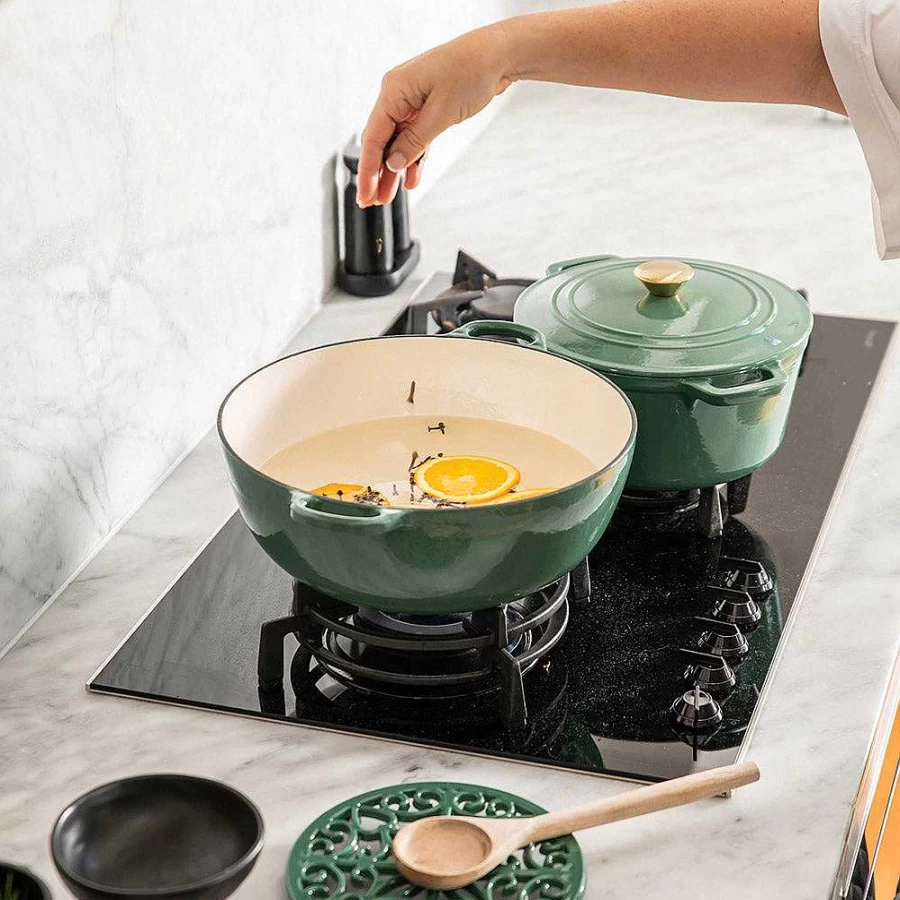 Wheel and Barrow 4.6L Round Cast Iron Casserole Pot - 25.5cm Enameled Dutch Oven, Green Color, Stovetop & Oven Safe