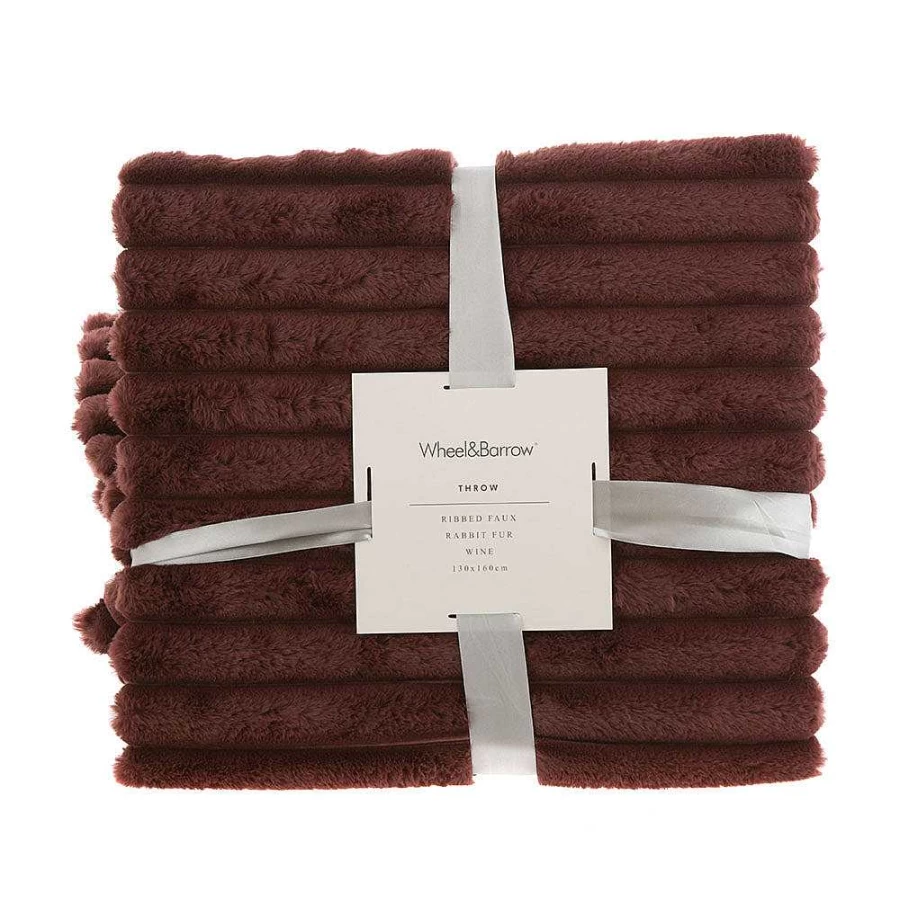 Wheel and Barrow Ribbed Faux Rabbit Fur Throw Blanket 130x160 cm - Soft Wine-Colored Luxury Decorative Blanket