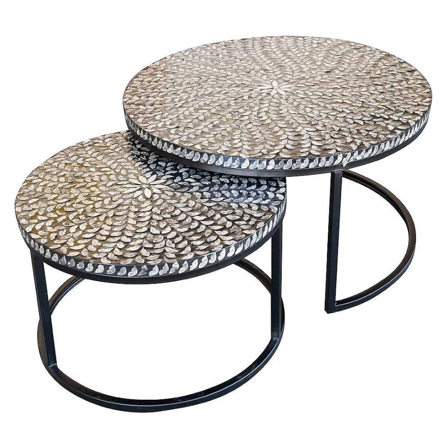 Wheel and Barrow Small Black and White Capiz Leaf Inlay Coffee Table - 60cm x 38cm Modern Side Table