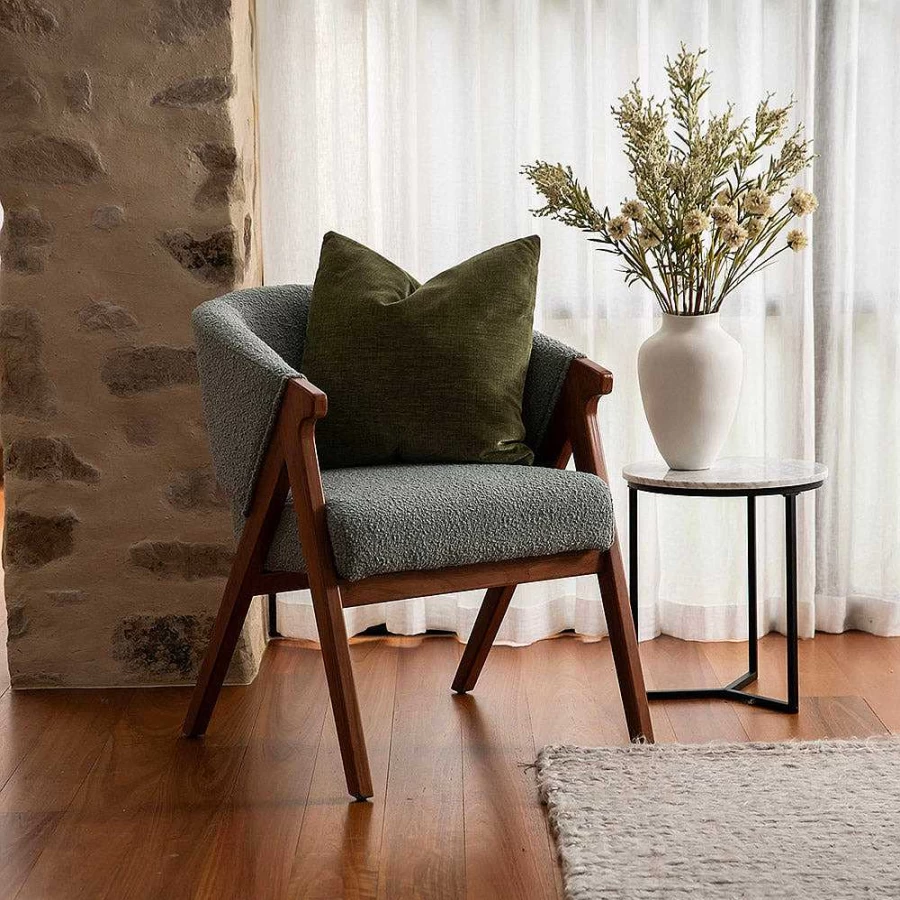 Wheel and Barrow Sage Green Boucle Fabric Accent Chair - 65.5cm Width, 70cm Depth, 82.5cm Height - Modern Comfortable Lounge Chair