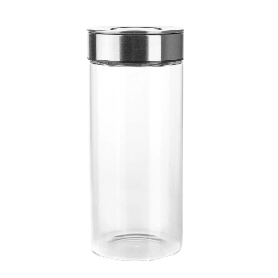 Wheel and Barrow 1.3L Glass Storage Jar with Stainless Steel Airtight Press Lid - Large Kitchen Pantry Container