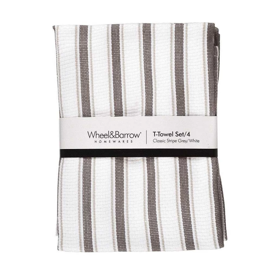 Wheel and Barrow 4-Piece Classic Striped Tea Towel Set in Grey and White - Premium Kitchen Linens