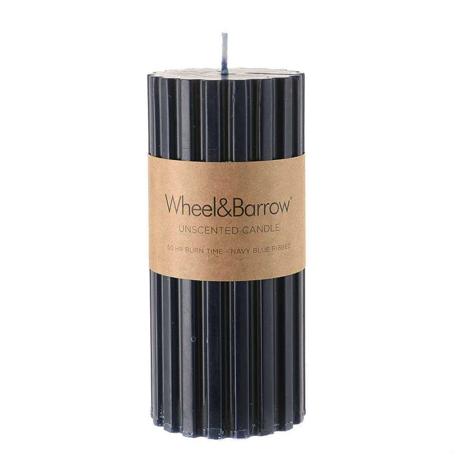 Wheel and Barrow Navy Blue Ribbed Pillar Candle 7x15 cm for Home Decor