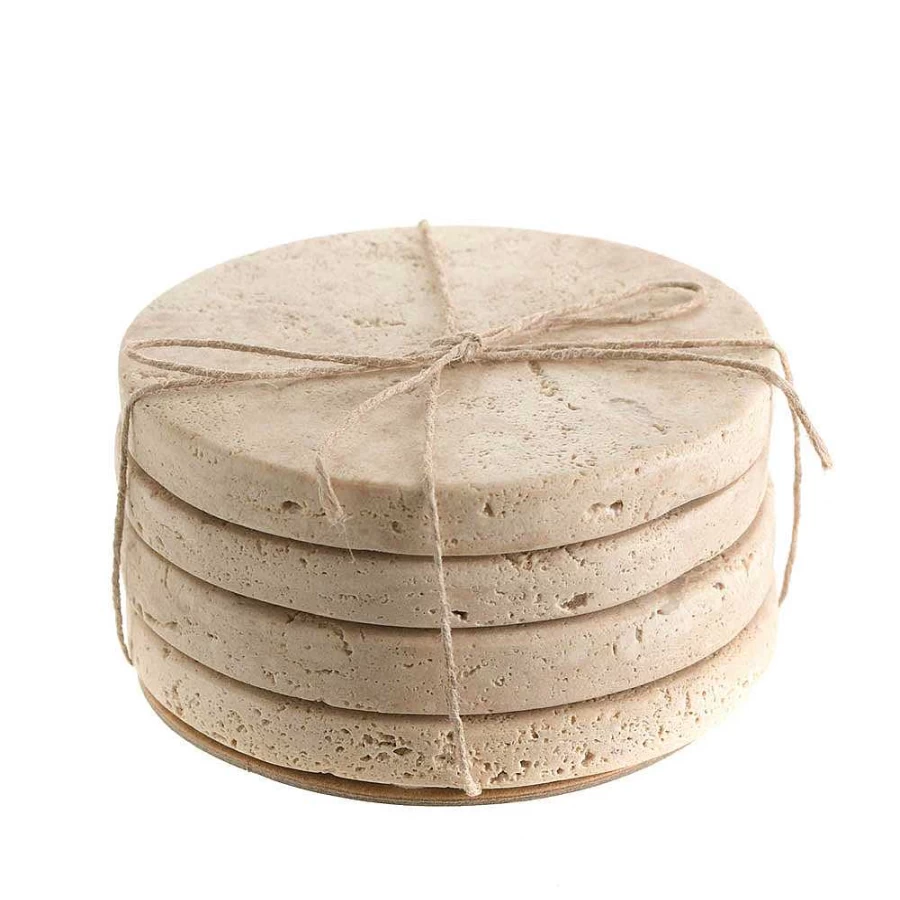 Wheel and Barrow Round Beige Travertine Coasters Set of 4 - Natural Stone Drink Coasters for Home Decor