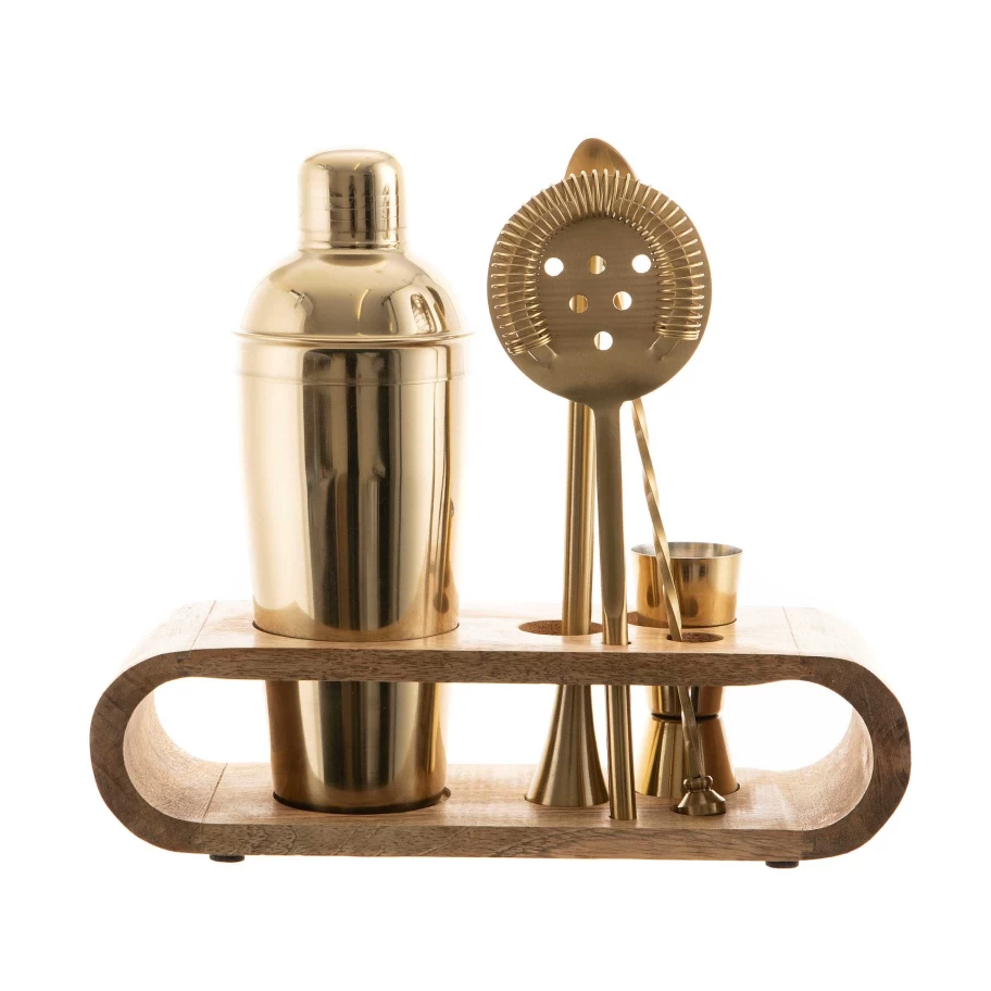 Wheel and Barrow Gold Stainless Steel Bar Tool Set with Natural Mango Wood Base