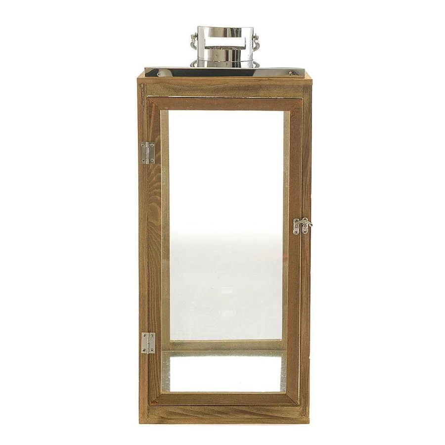 Wheel & Barrow 63cm Glass Hurricane Lantern with Wood Base, Metal Frame & Handle for Indoor/Outdoor Decor